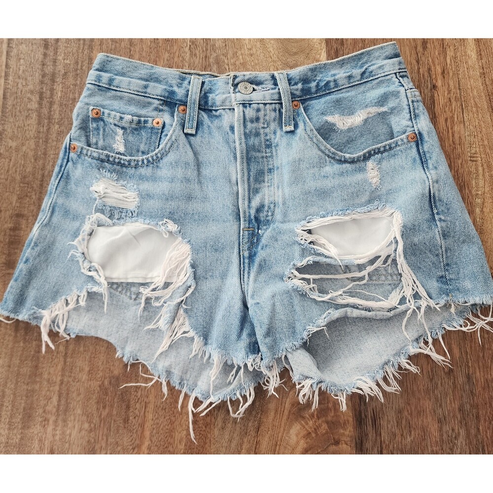 Levi's 501 Shorts Womens 26 Blue Denim Distressed Button Fly Cutoff Frayed Hem
